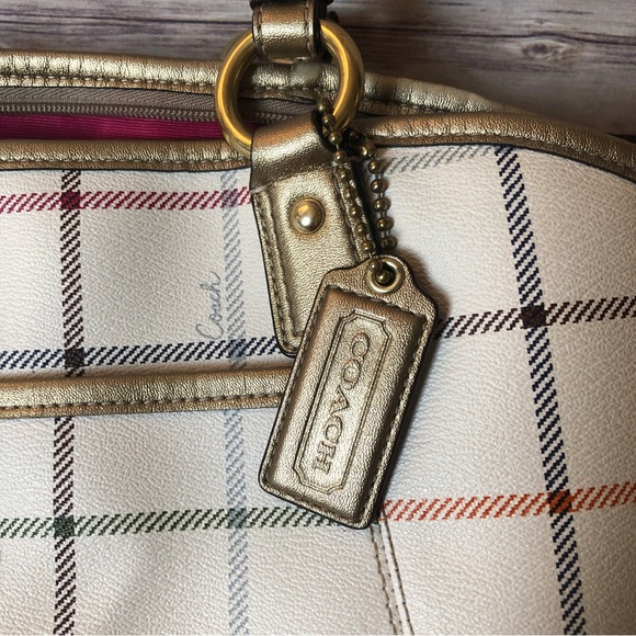 Coach Peyton Tattersall Tote Purse Handbag Ivory Plaid - Picture 12 of 15